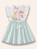 Rainbow Unicorn Appliqué Sleeveless Ruffled Dress