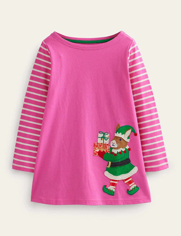 Christmas Guinea Pig Applique Long Sleeves Dress
