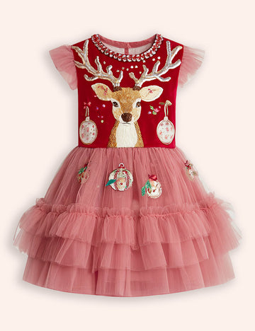 Festival Floral Reindeer Embroidered Tulle Dress