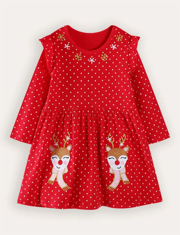 Christmas Elk Applique Long Sleeve Dress