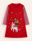 Christmas Unicorn Embroidered Long Sleeve Dress