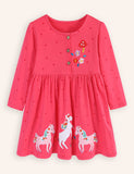 Cute Pony Embroidered Long-sleeved Dress