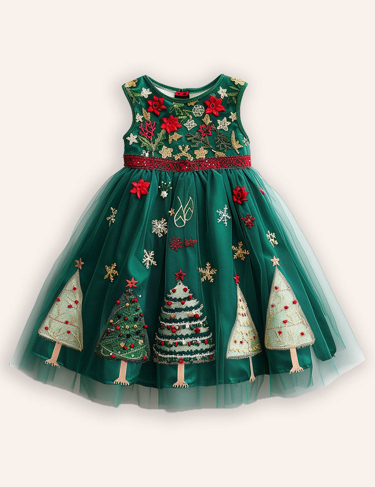 Christmas Tree Applique Tulle Party Dress