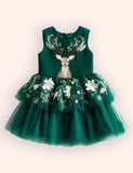 Tulle Floral Reindeer Embroidered Dress