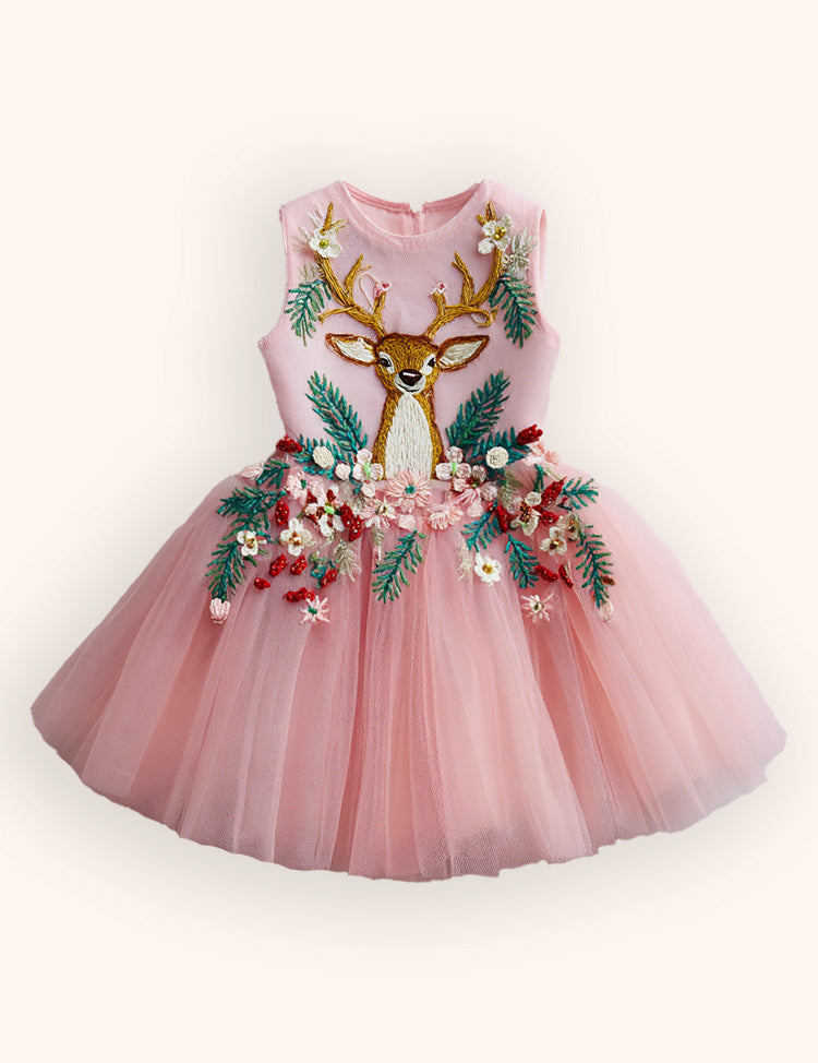 Tulle Floral Reindeer Embroidered Dress