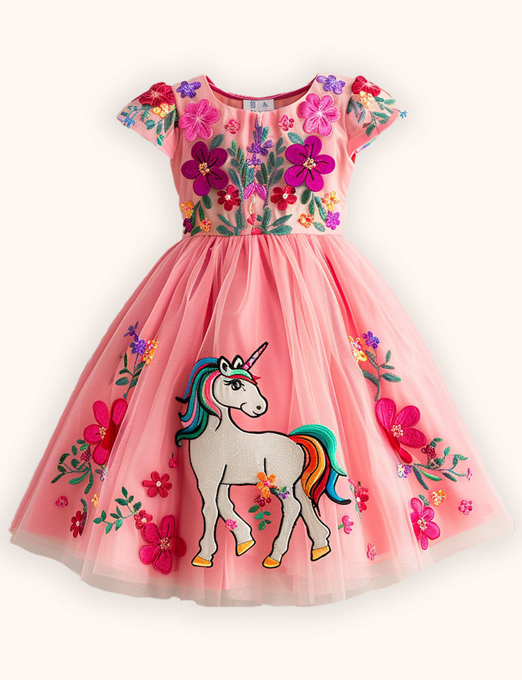 Flower Unicorn Applique Tulle Dress