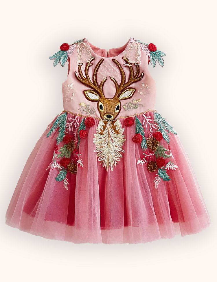 Tulle Floral Reindeer Embroidered Dress