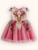 Tulle Floral Reindeer Embroidered Dress