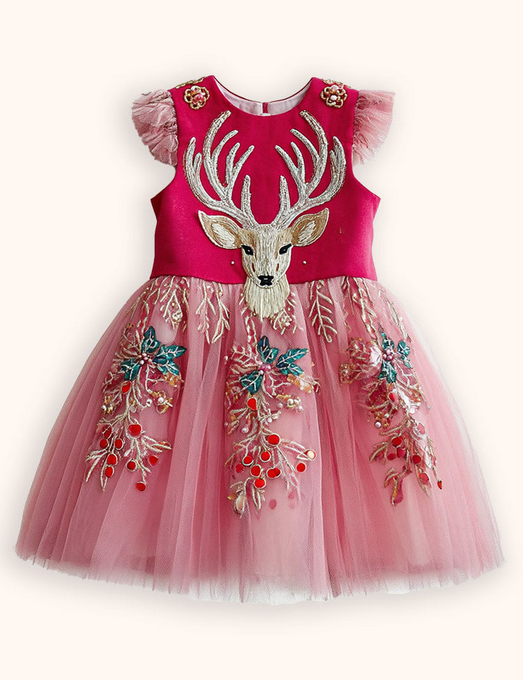 Tulle Floral Reindeer Embroidered Dress