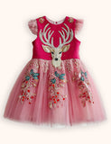 Tulle Floral Reindeer Embroidered Dress