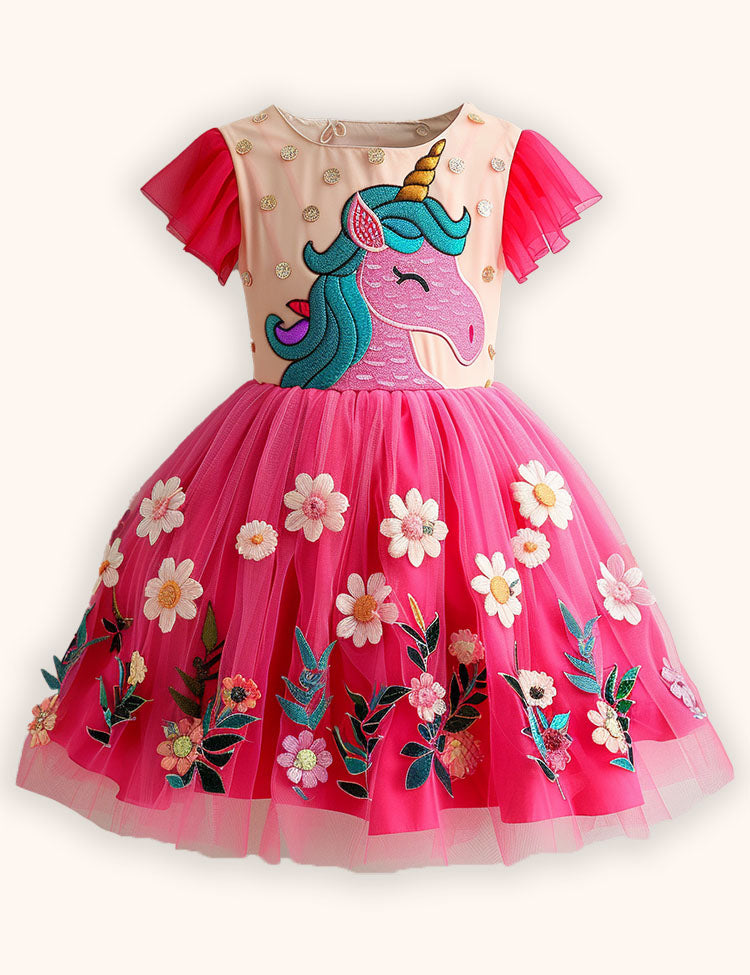 Flower Unicorn Applique Tulle Dress