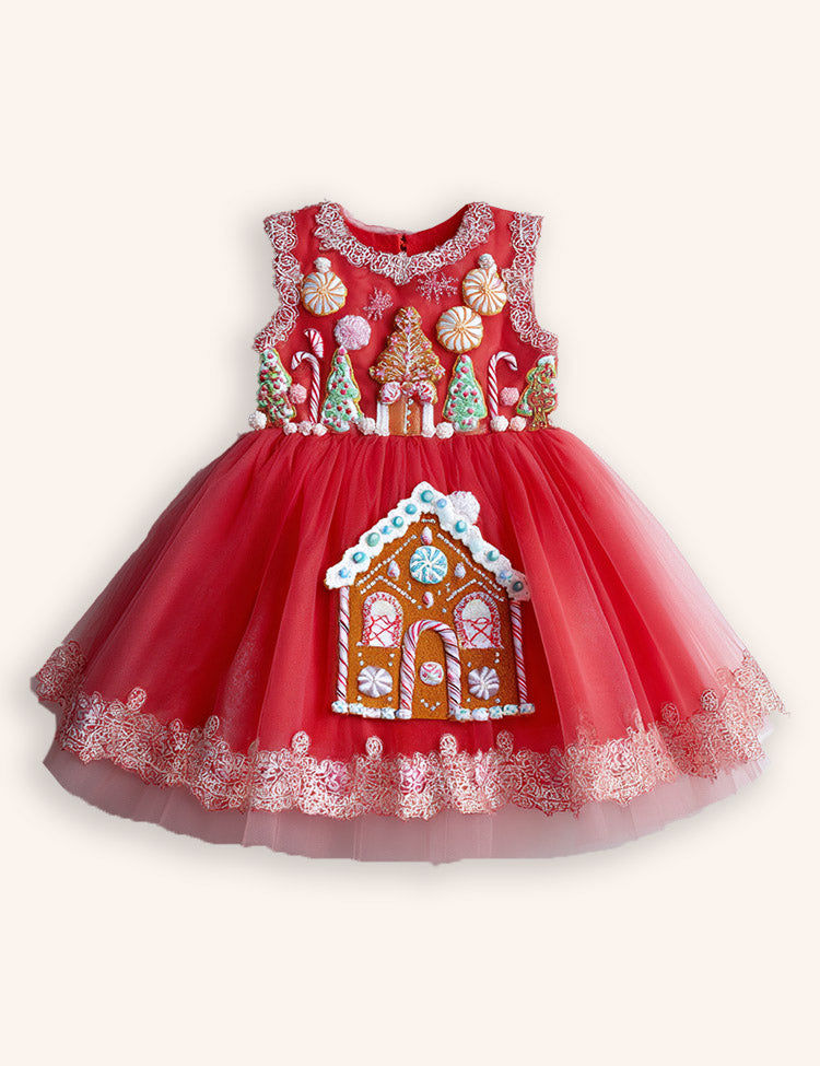 Tulle Christmas Gingerbread Appliqué Dress