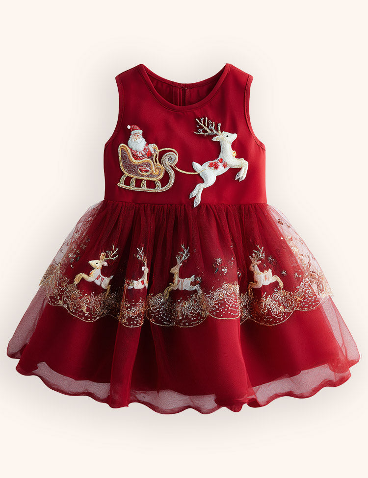 Tulle Santa & Reindeer Embroidered Dress