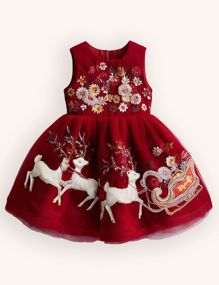 Tulle Santa & Reindeer Embroidered Dress