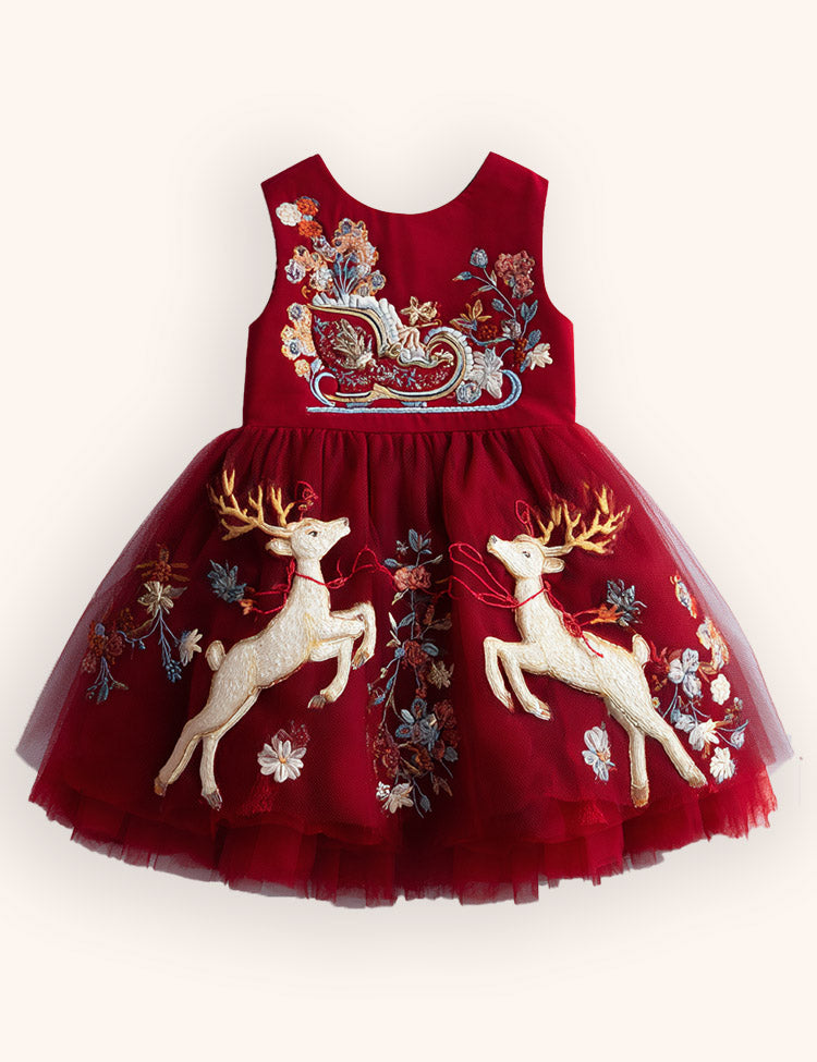 Tulle Santa & Reindeer Embroidered Dress