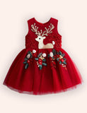 Tulle Floral Reindeer Embroidered Dress