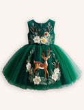 Tulle Floral Reindeer Embroidered Dress