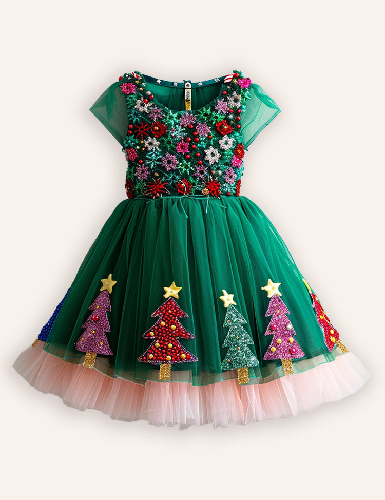 Christmas Tree Applique Tulle Party Dress