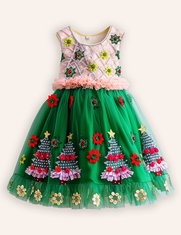 Christmas Tree Applique Tulle Party Dress