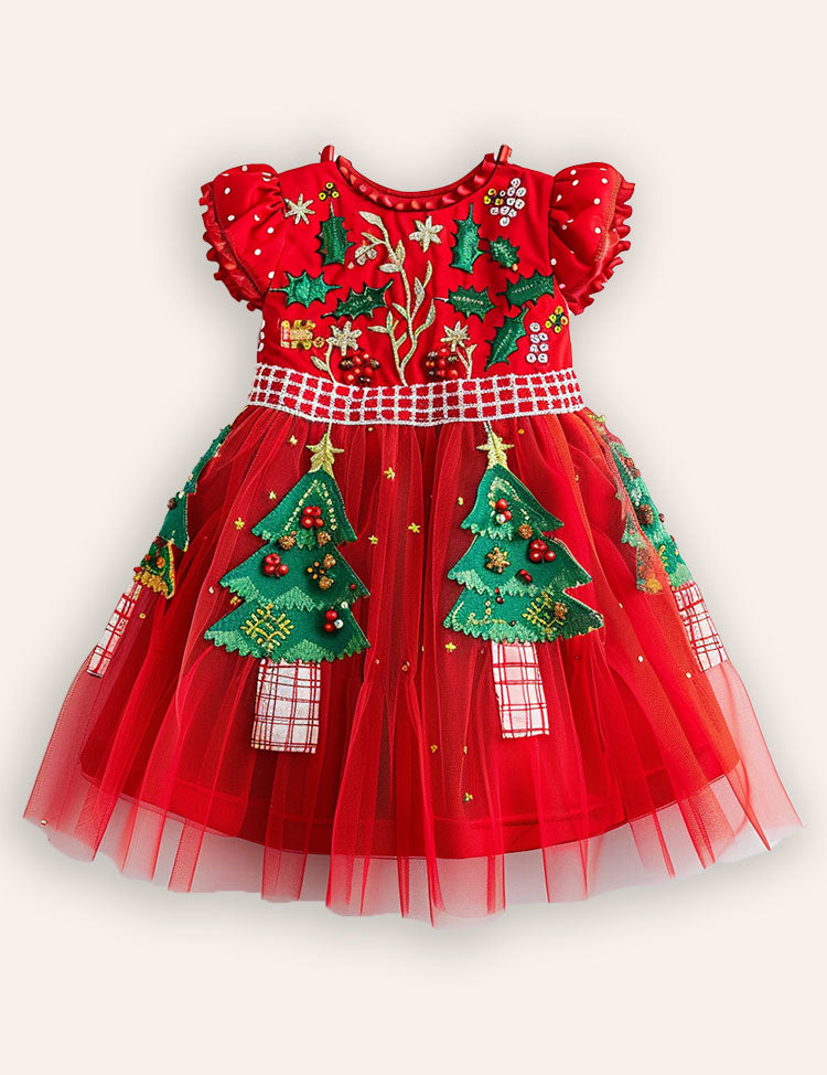 Christmas Tree Applique Tulle Party Dress