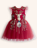 Tulle Floral Reindeer Embroidered Dress